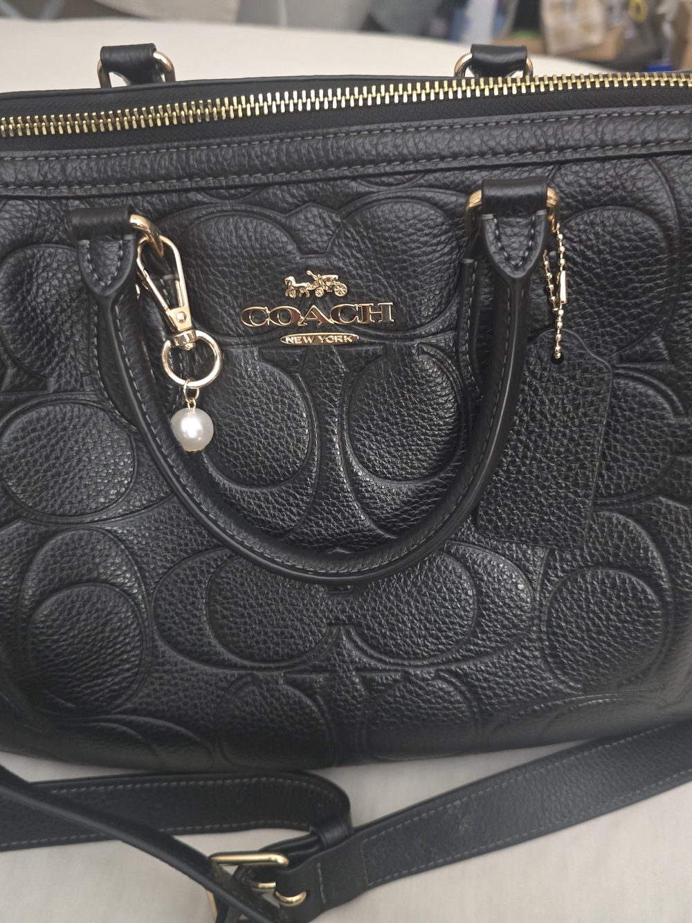 COACH Black Pebbled Leather Satchel with Gold Accent